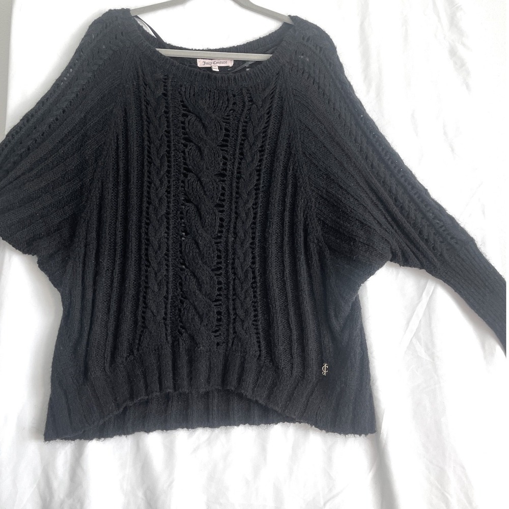 Juicy Couture Black Cable Knit Dolman Sleeve Sweater Gold Logo Charm Small